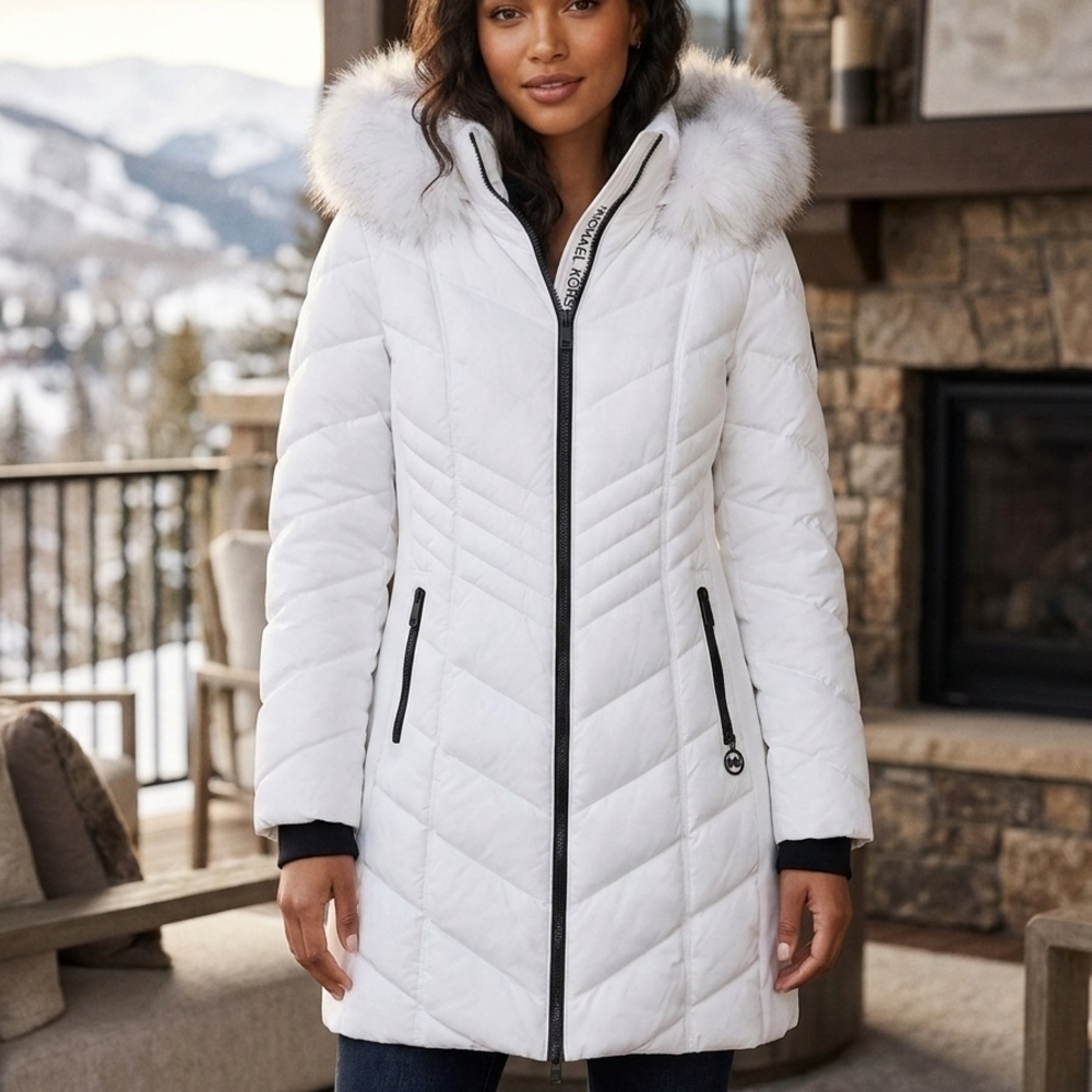 Michael Kors White Puffer Jacket Detachable Hood W/Fur Trim Women's Sz Large NWT - Picture 12 of 13